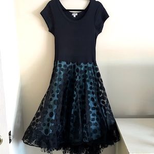 Full Tulle Layered Skirt Teal Black Polka Dot Midi Short Sleeve Dress Sz Medium